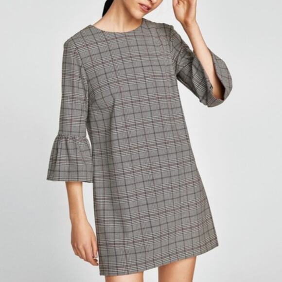 Zara Black & White Glen Check Plaid Long Sleeve Bell Sleeve Dress Medium - Picture 1 of 8